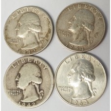 UNITED STATES OF AMERICA 1942D - 1964  1/4 QUARTER DOLLARS . 4 COINS 